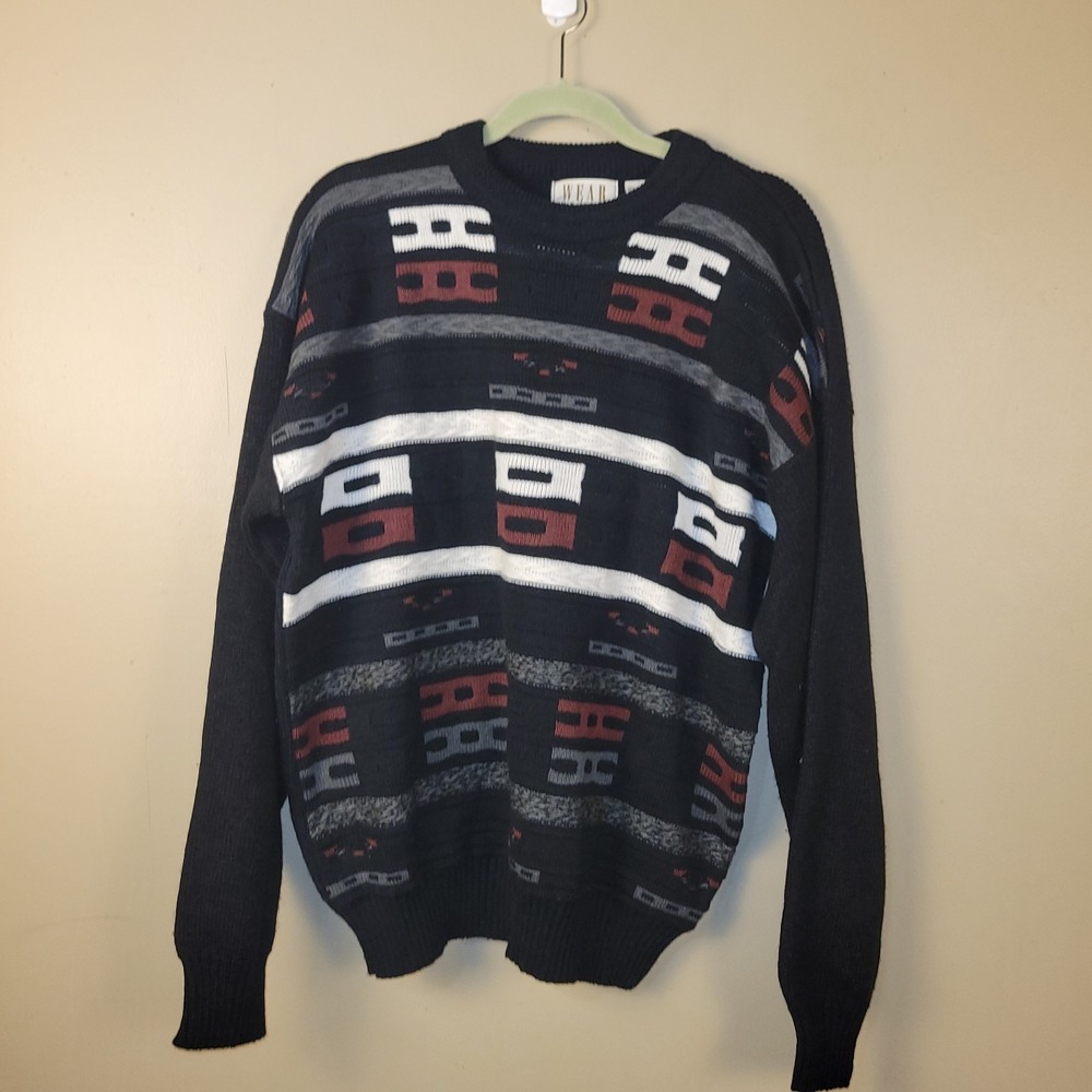 Vintage Wear It Right Knit Sweater Large‎ Black Geometric Pattern Made in Korea